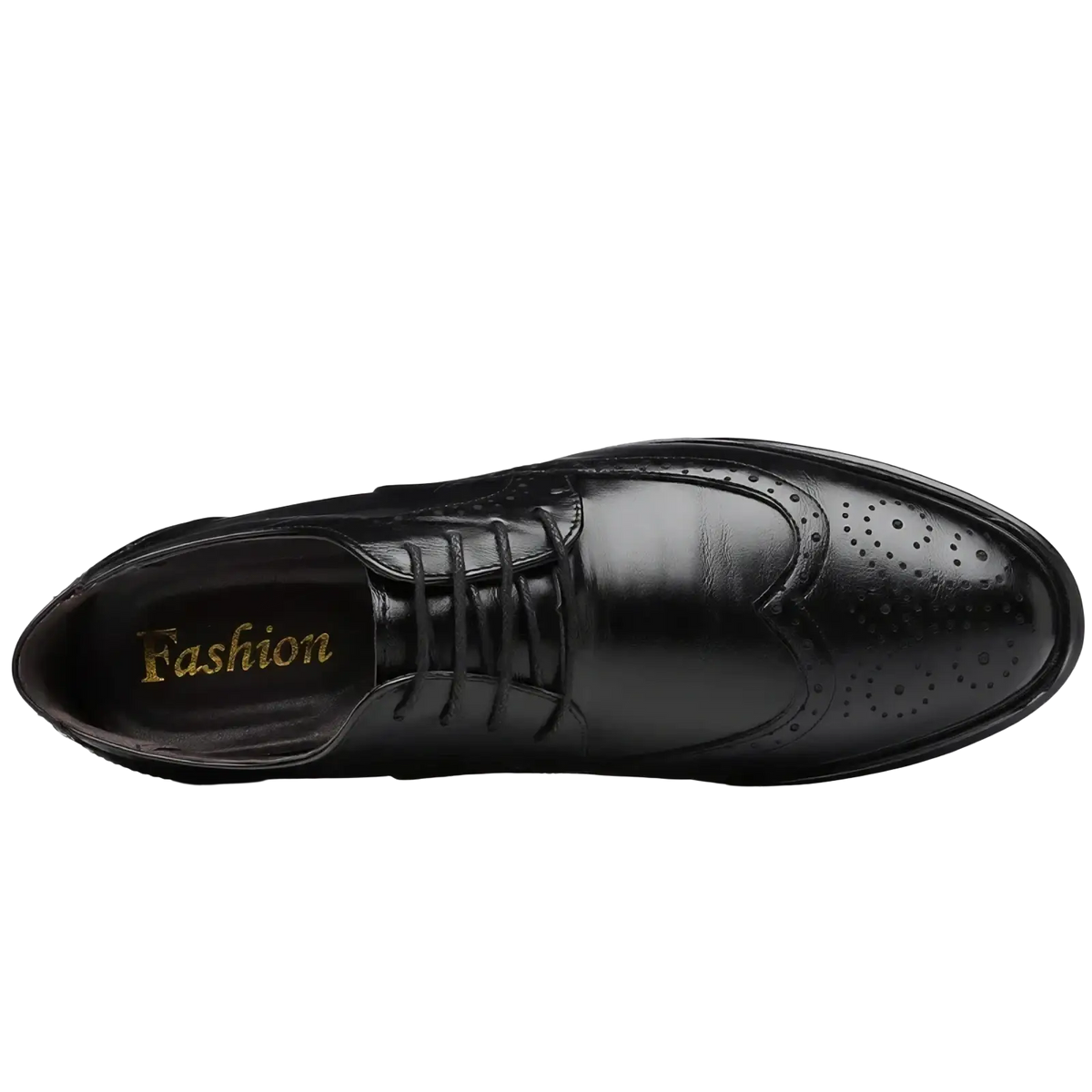 Black leather men’s brogue dress shoe with perforated detailing and polished finish for formal wear