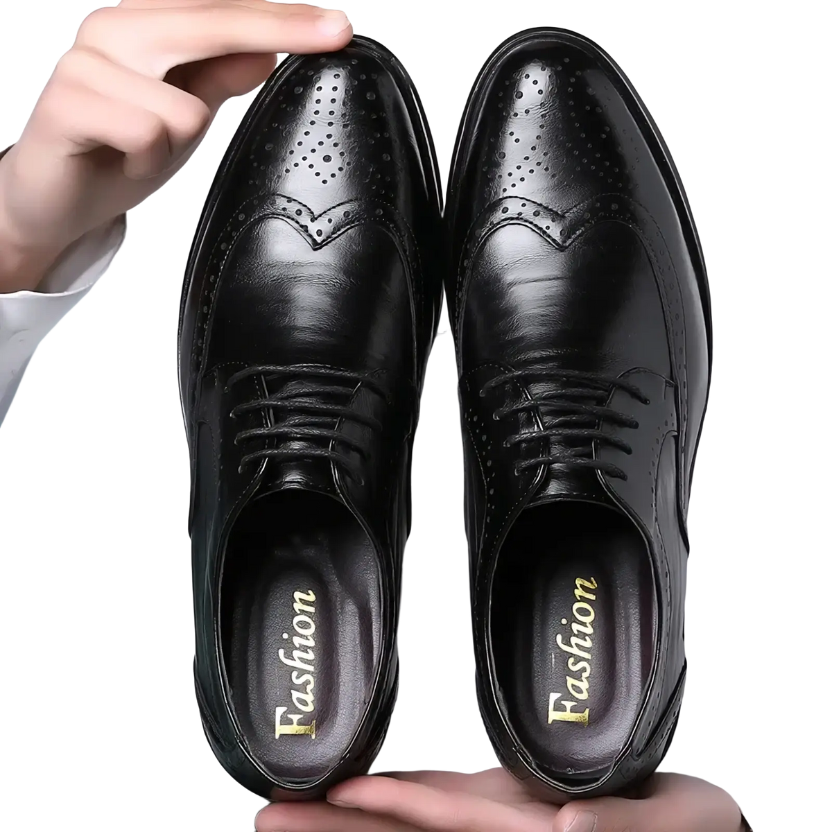 Men’s leather brogue dress shoes in black with detailed perforations and black laces for formal occasions