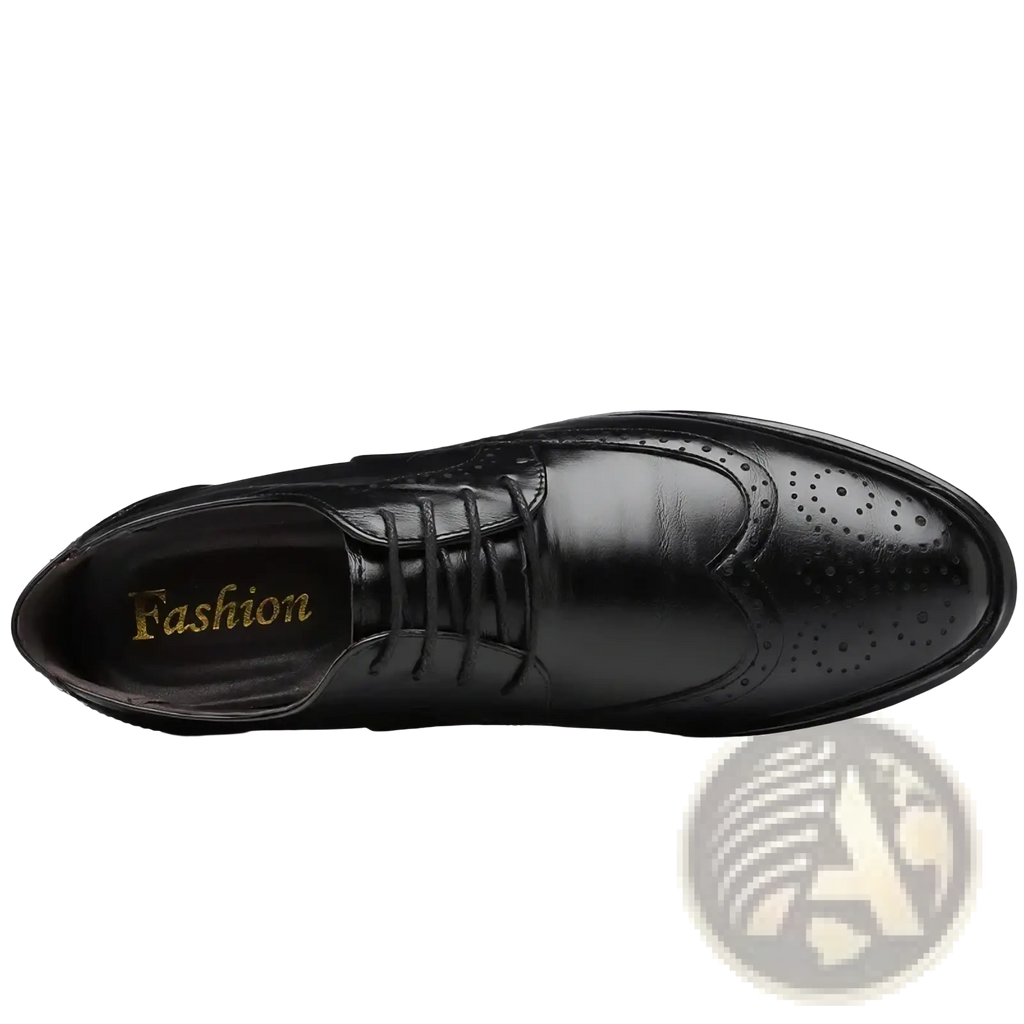 Black leather men’s brogue dress shoe with perforated detailing and polished finish for formal wear