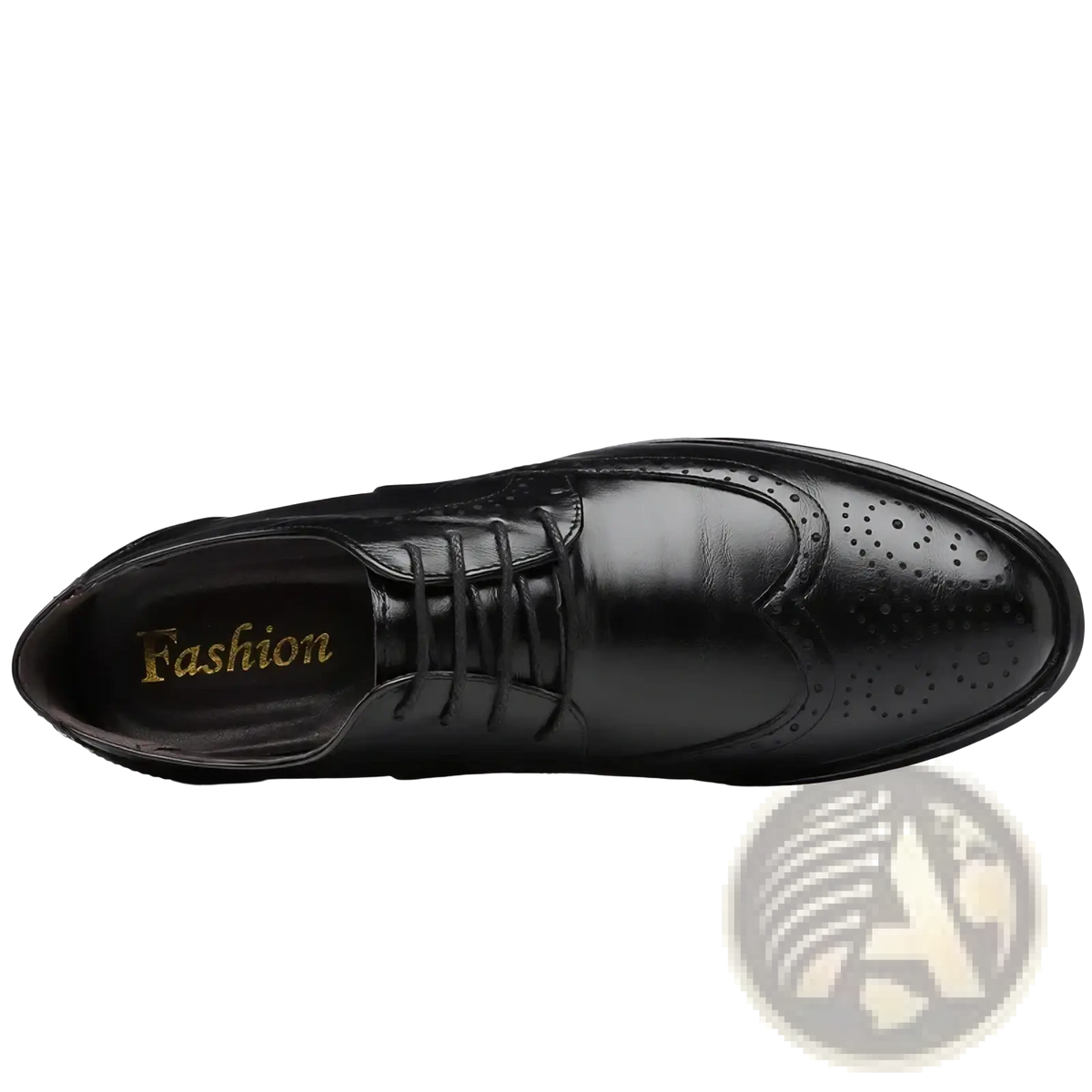 Black leather men’s brogue dress shoe with perforated detailing and polished finish for formal wear