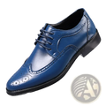 Men’s blue leather brogue dress shoe with perforated detailing and black laces for formal occasions