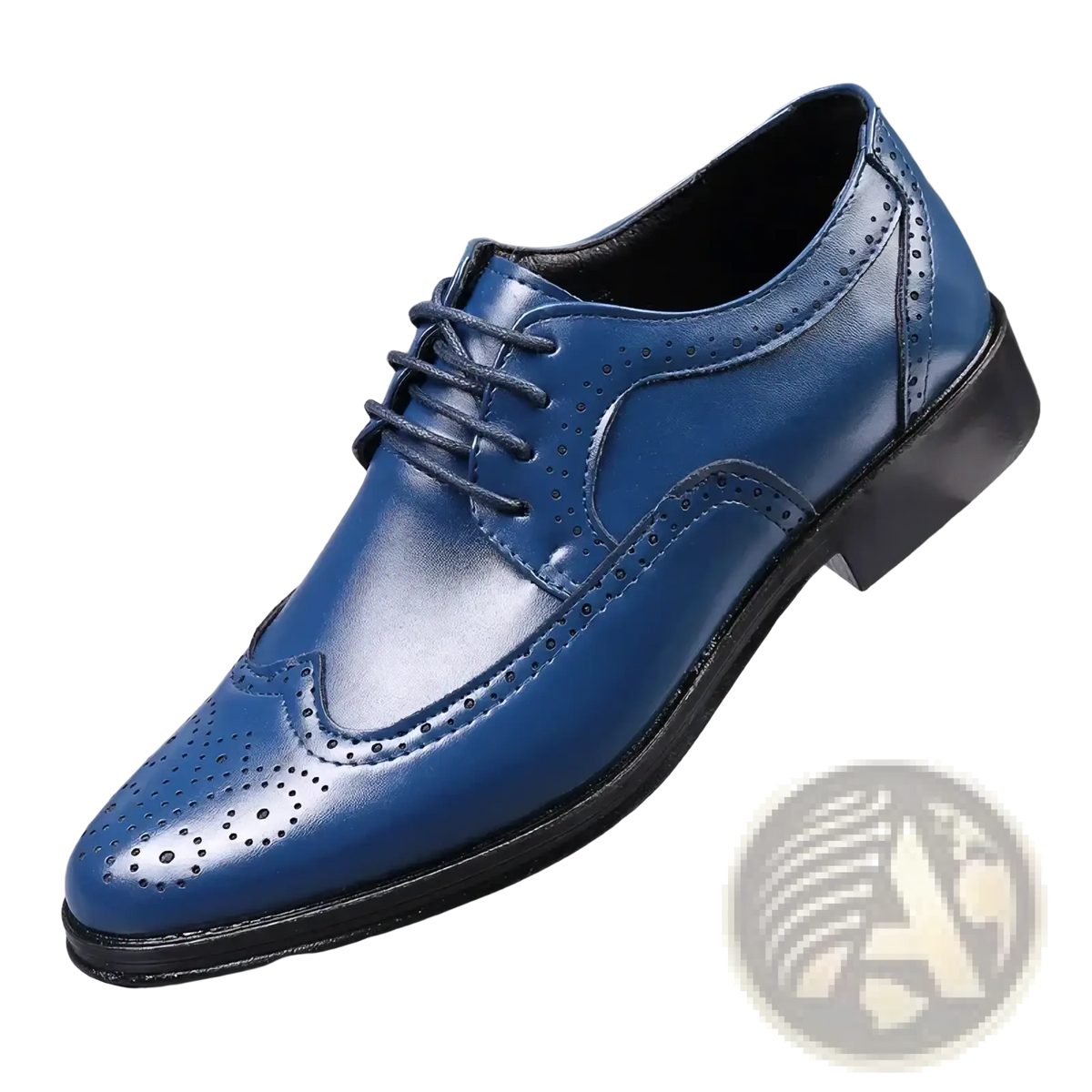 Men’s blue leather brogue dress shoe with perforated detailing and black laces for formal occasions