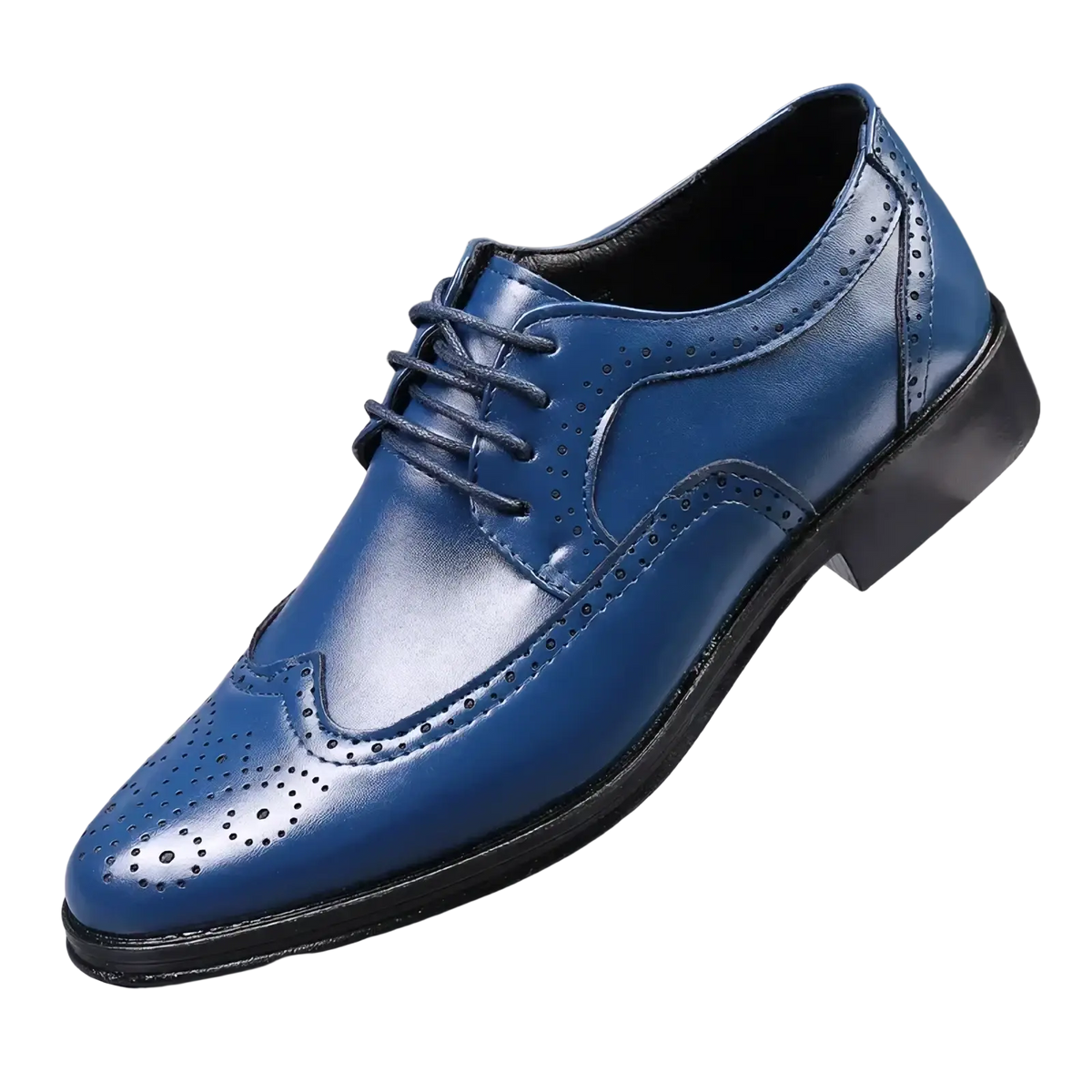 Men’s blue leather brogue dress shoe with perforated detailing and black laces for formal occasions