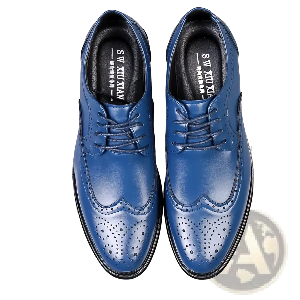 Men’s blue leather brogue dress shoes with perforated detailing and black laces for formal occasions
