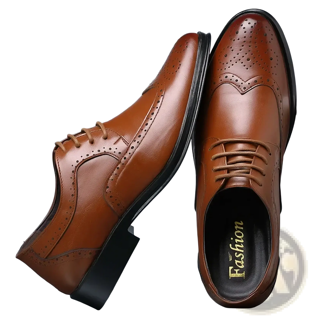 Men’s brown leather brogue dress shoes with perforated detailing and matching laces for formal occasions