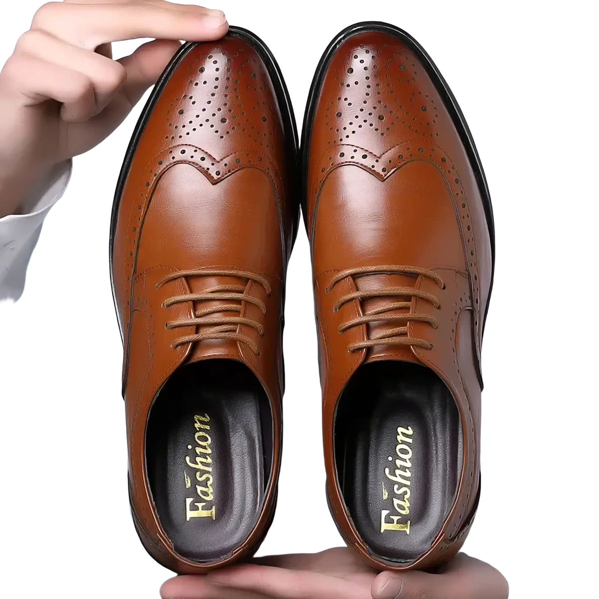 Men’s leather brogue dress shoes in brown with lace-up design and black soles featuring brogue detailing