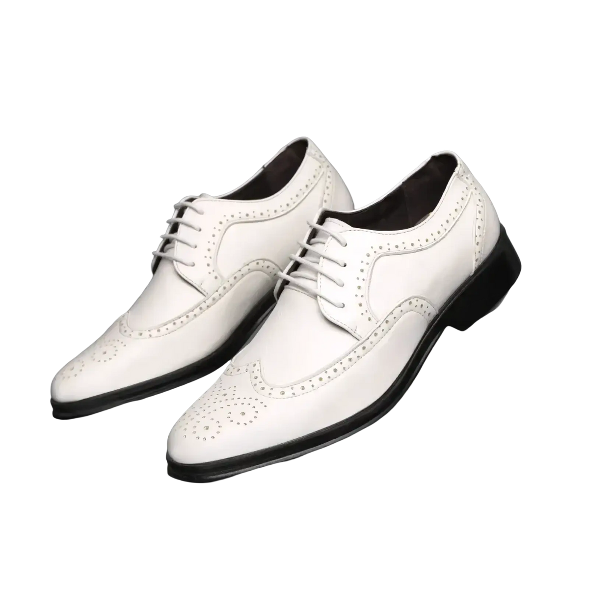 Men’s leather brogue dress shoes in white with black soles and laces crafted from leather for formal wear