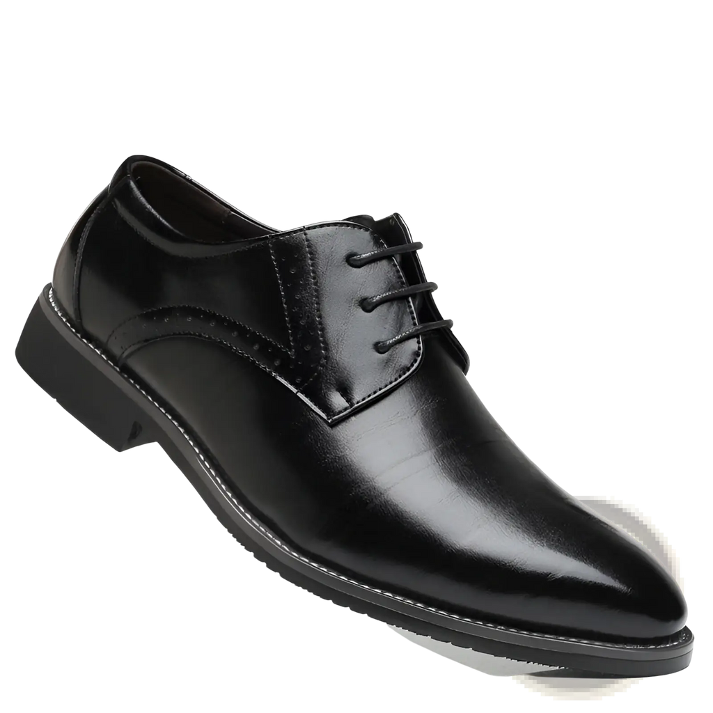 Men’s leather brogue oxford dress shoe in black patent leather with a polished finish and subtle brogue detailing