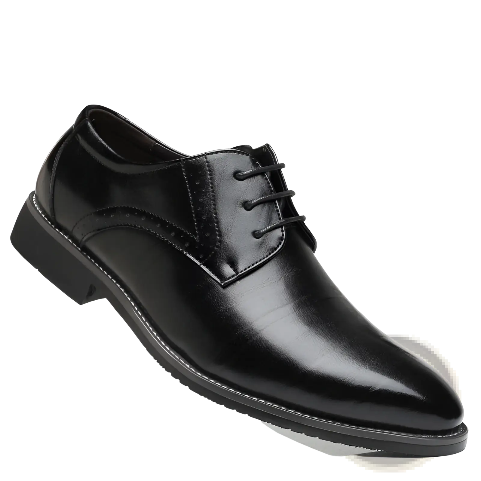 Men’s leather brogue oxford dress shoe in black patent leather with a polished finish and subtle brogue detailing