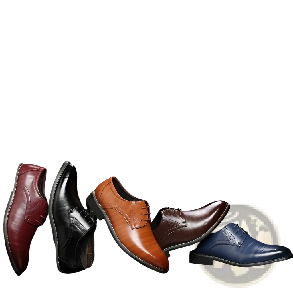 A collection of men’s leather brogue oxford dress shoes in burgundy black tan brown and navy blue polished leather