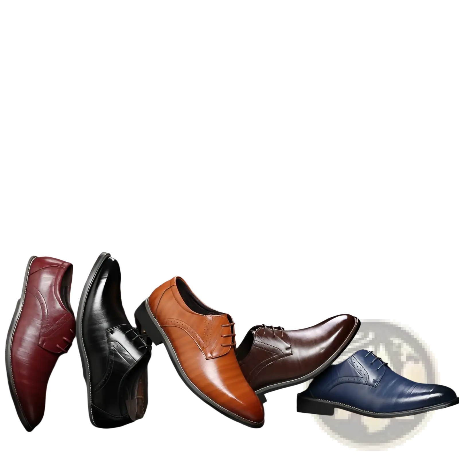 A collection of men’s leather brogue oxford dress shoes in burgundy black tan brown and navy blue polished leather
