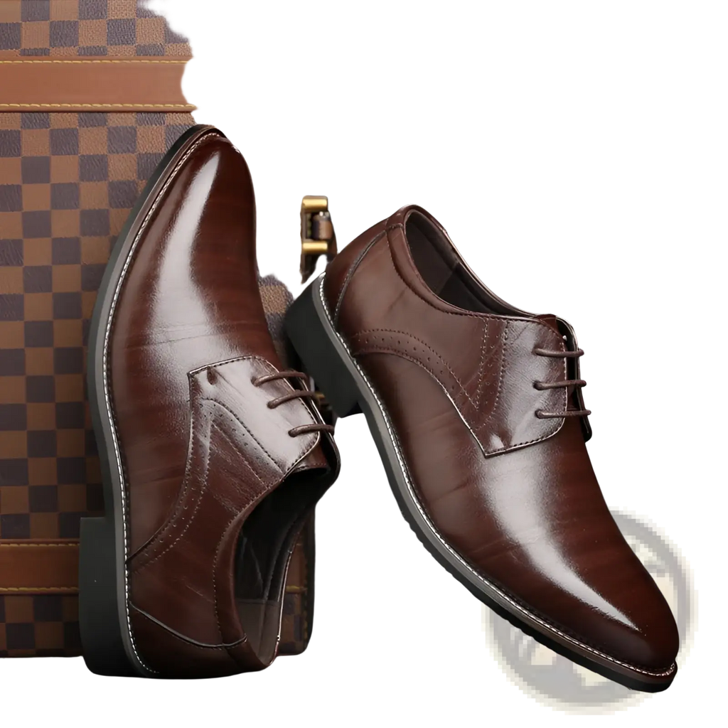 Men’s leather brogue oxford dress shoes polished brown with classic lace-up design and black soles
