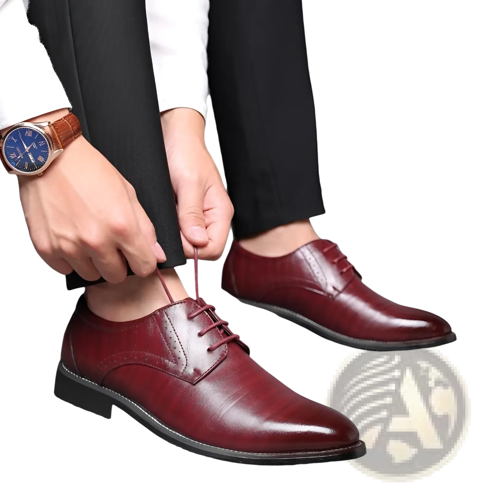 Polished burgundy leather men’s brogue oxford dress shoe with classic detailing and black rubber sole