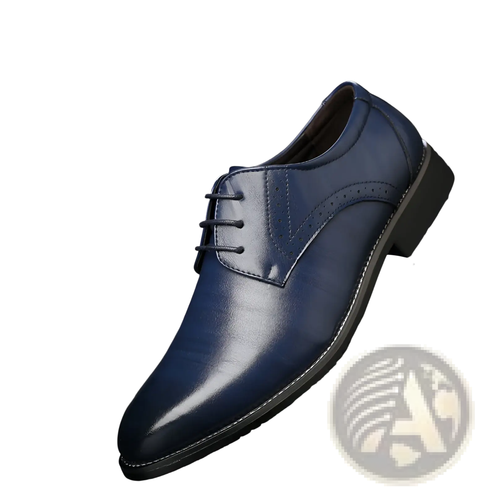A sleek navy blue leather men’s brogue oxford dress shoe with black laces and polished finish