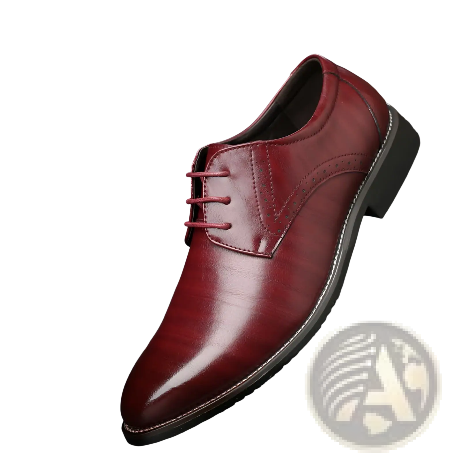 Men’s leather brogue oxford dress shoe in polished burgundy leather with lace-up closure and pointed toe detailing