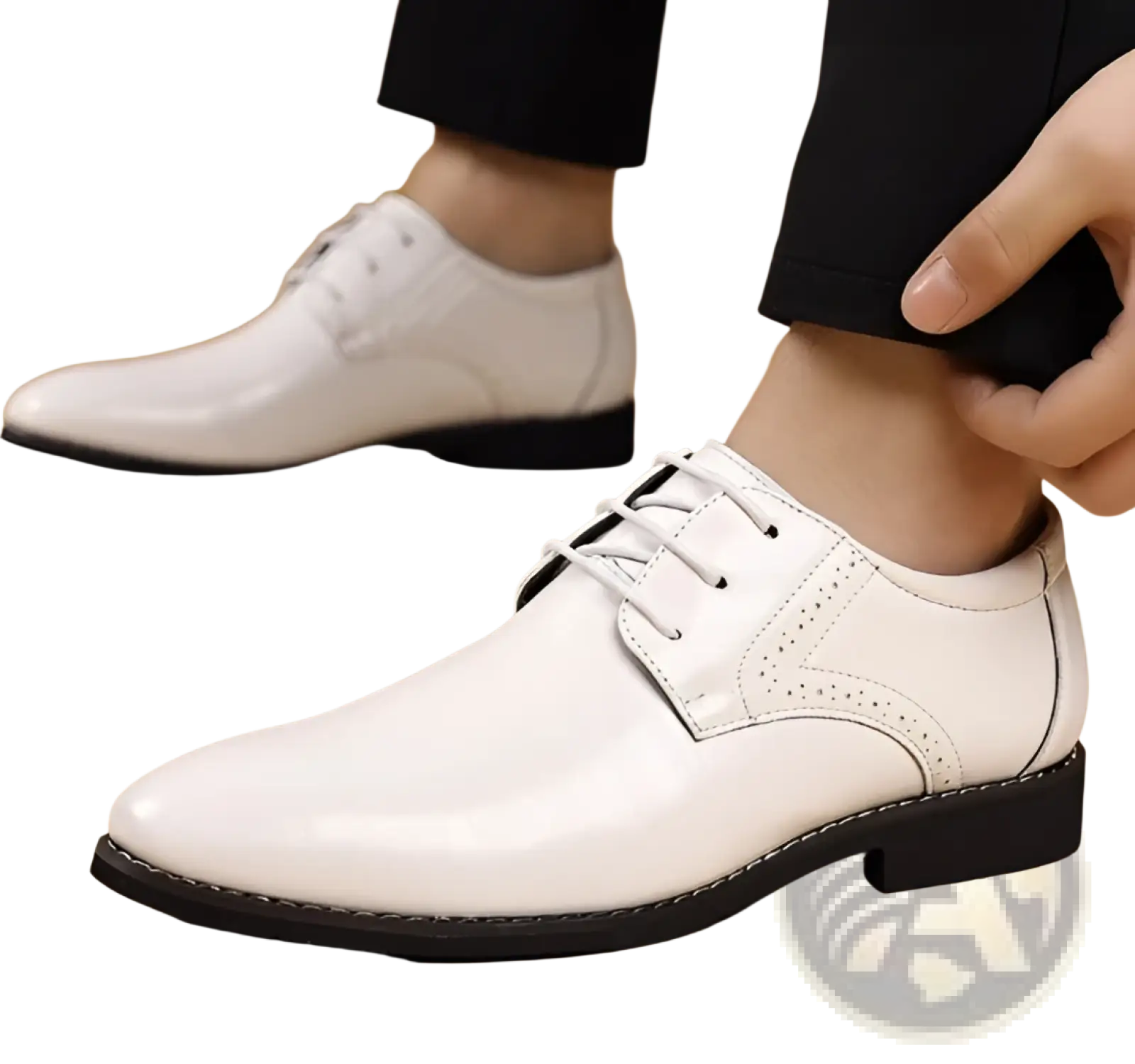 Men’s leather brogue oxford dress shoes in white patent leather with black stitching and contrasting black sole