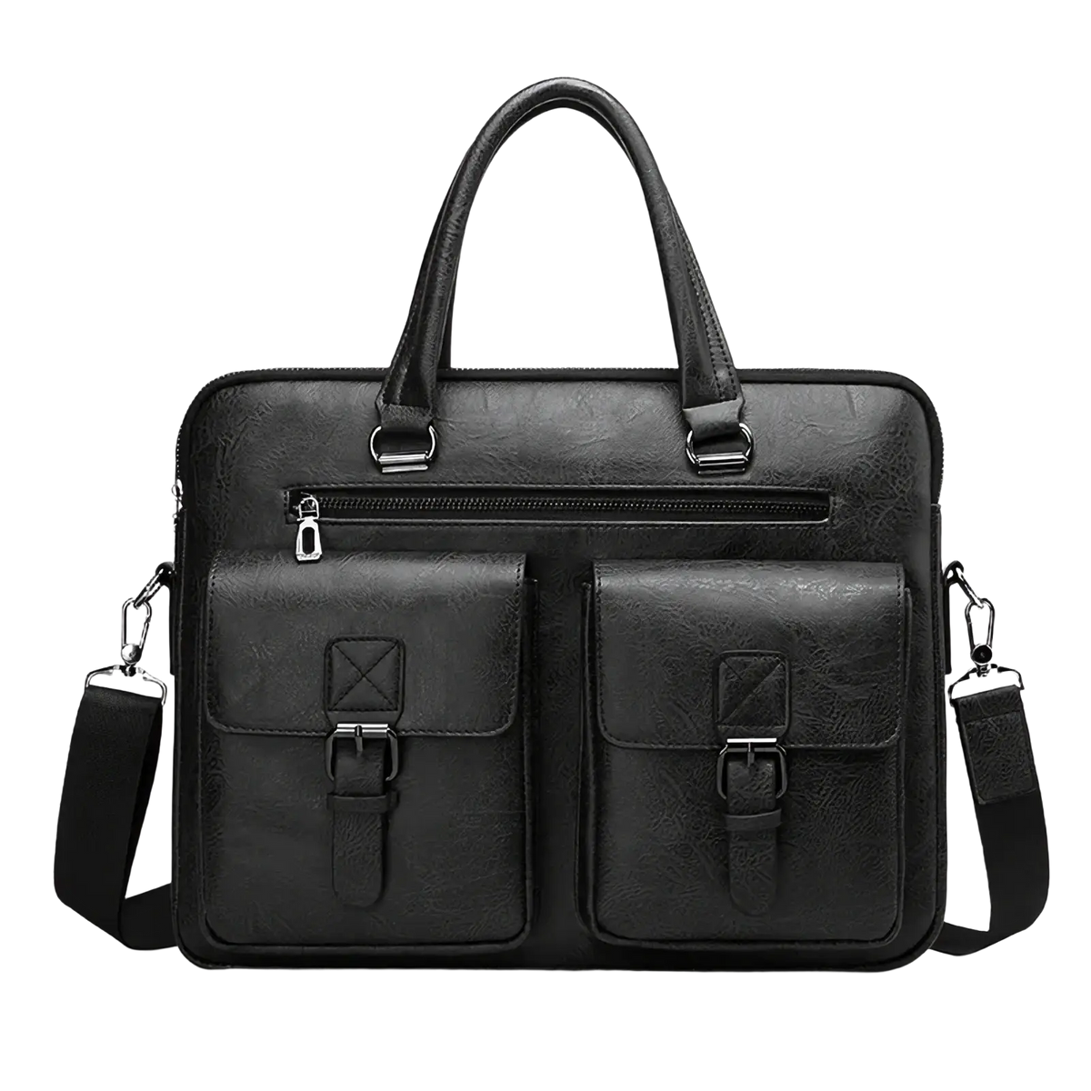 Men’s leather business laptop briefcase bag in black with two front buckle flap pockets and detachable shoulder strap