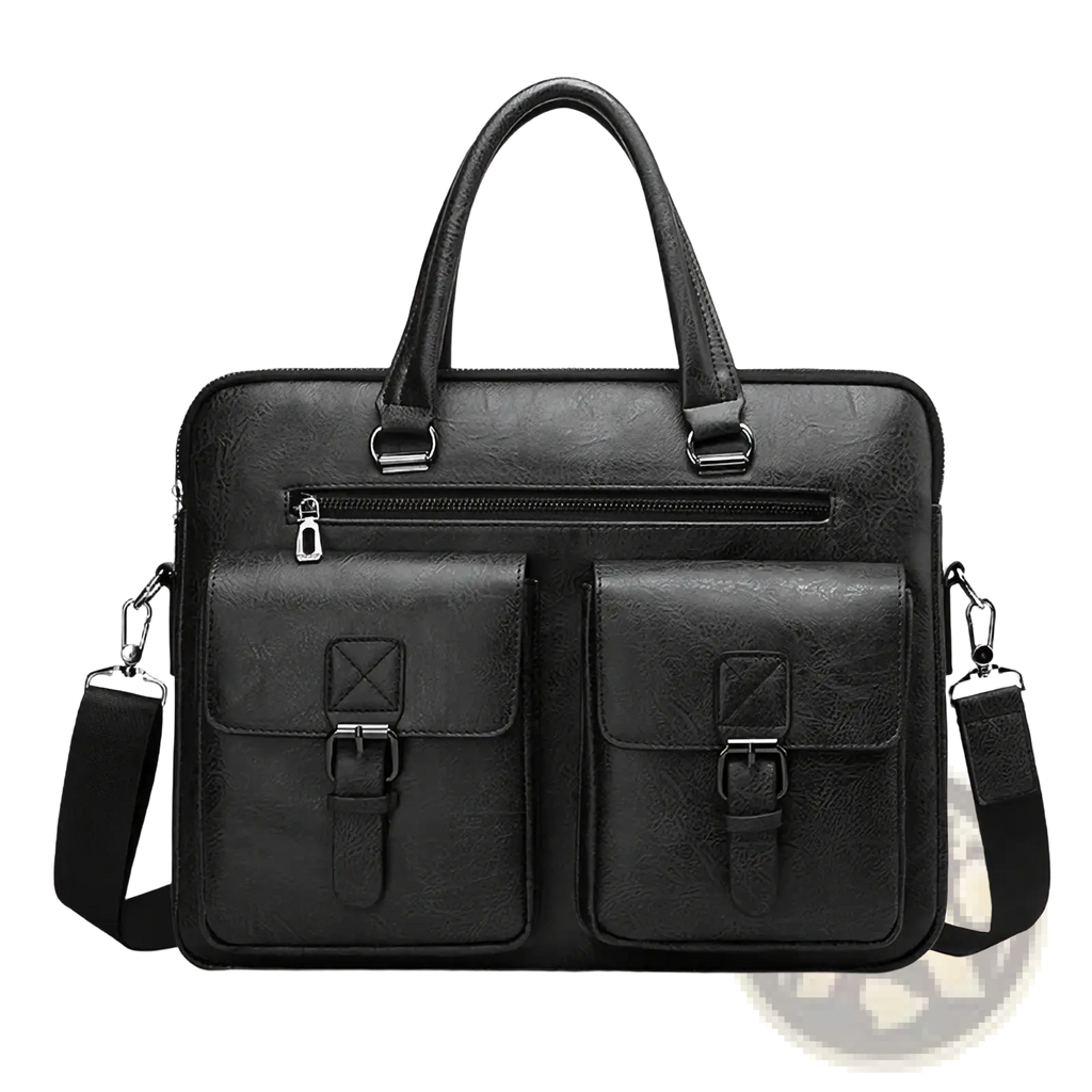 Men’s leather business laptop briefcase bag in black with two front buckle flap pockets and detachable shoulder strap