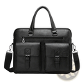 Men’s leather business laptop briefcase bag in black with two front buckle flap pockets and detachable shoulder strap