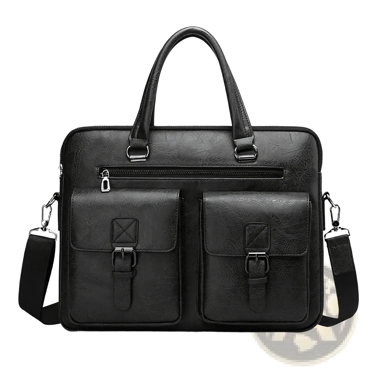 Men’s leather business laptop briefcase bag in black with two front buckle flap pockets and detachable shoulder strap