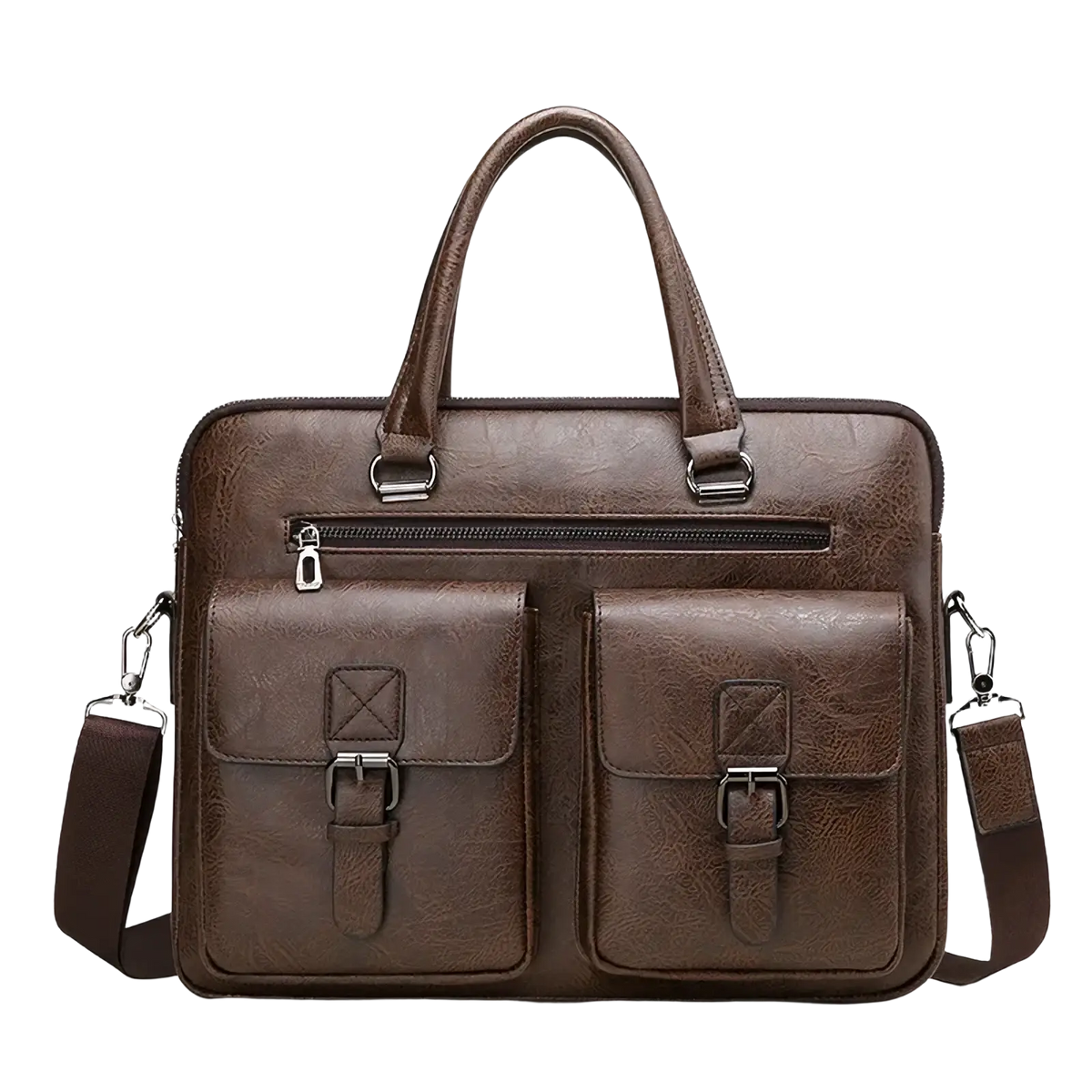Men’s brown leather business laptop briefcase bag with two front flap pockets and detachable shoulder strap