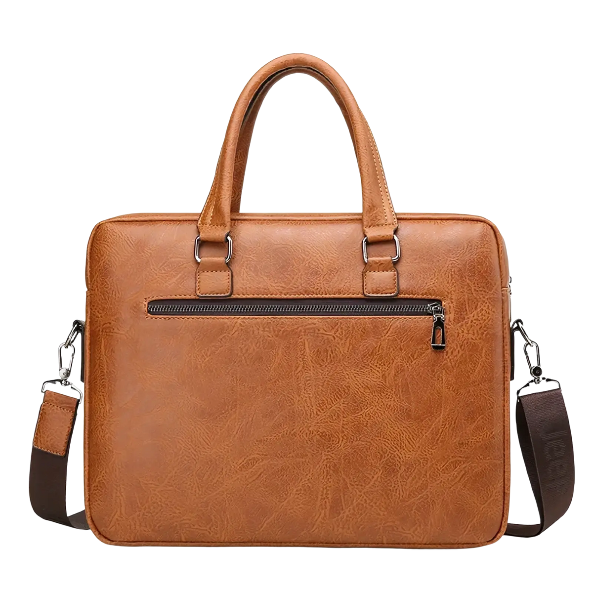 Brown leather men’s business laptop briefcase bag with top handles and adjustable shoulder strap for professionals
