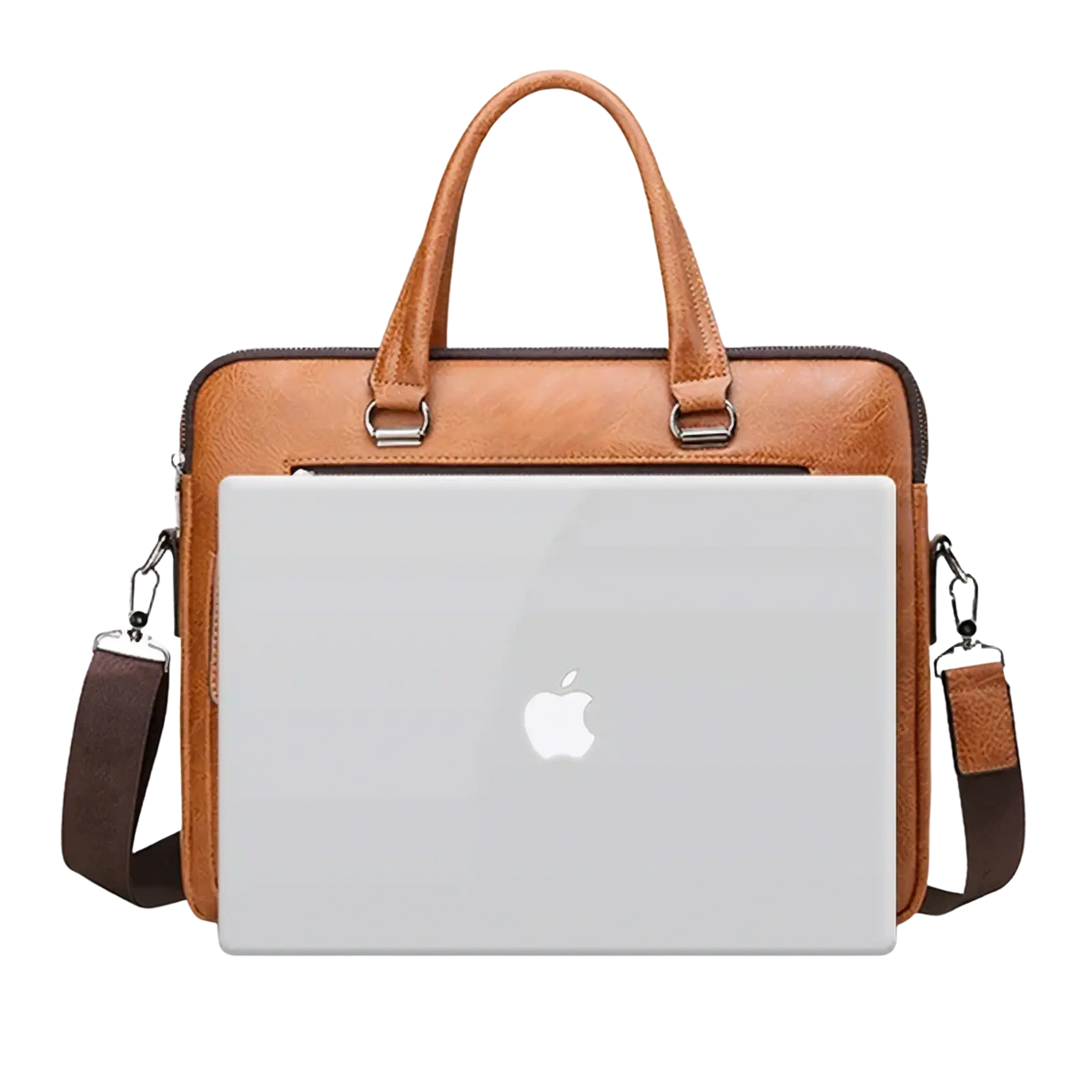 Men’s brown leather business laptop briefcase bag with top handle and adjustable shoulder strap for professionals