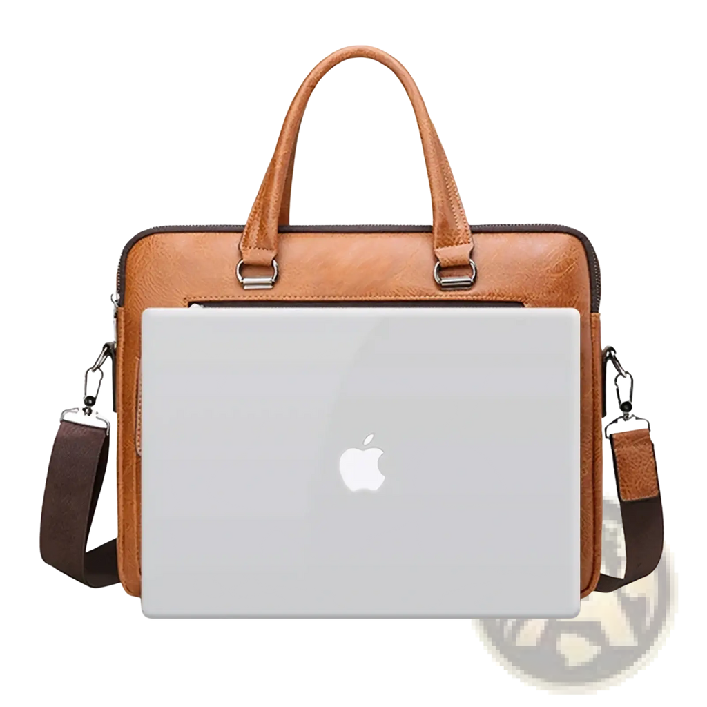 Men’s brown leather business laptop briefcase bag with top handle and adjustable shoulder strap for professionals