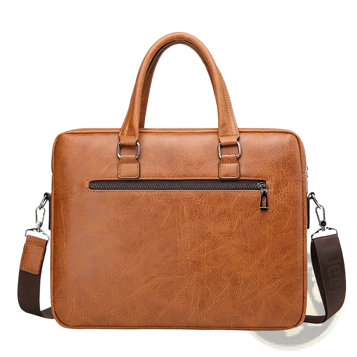 Brown leather men’s business laptop briefcase bag with top handles and adjustable shoulder strap for professionals