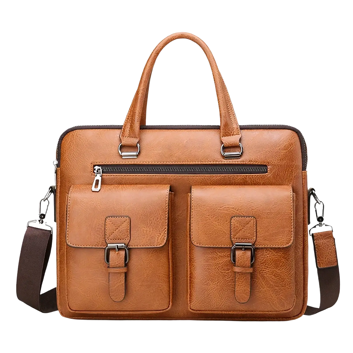 Men’s tan leather business laptop briefcase with two front flap pockets and detachable shoulder strap