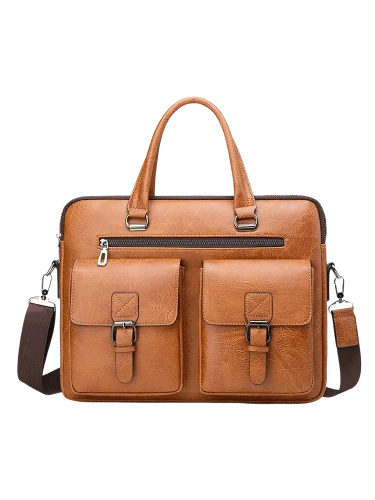 Men’s tan leather business laptop briefcase bag with two front flap buckle pockets and detachable shoulder strap