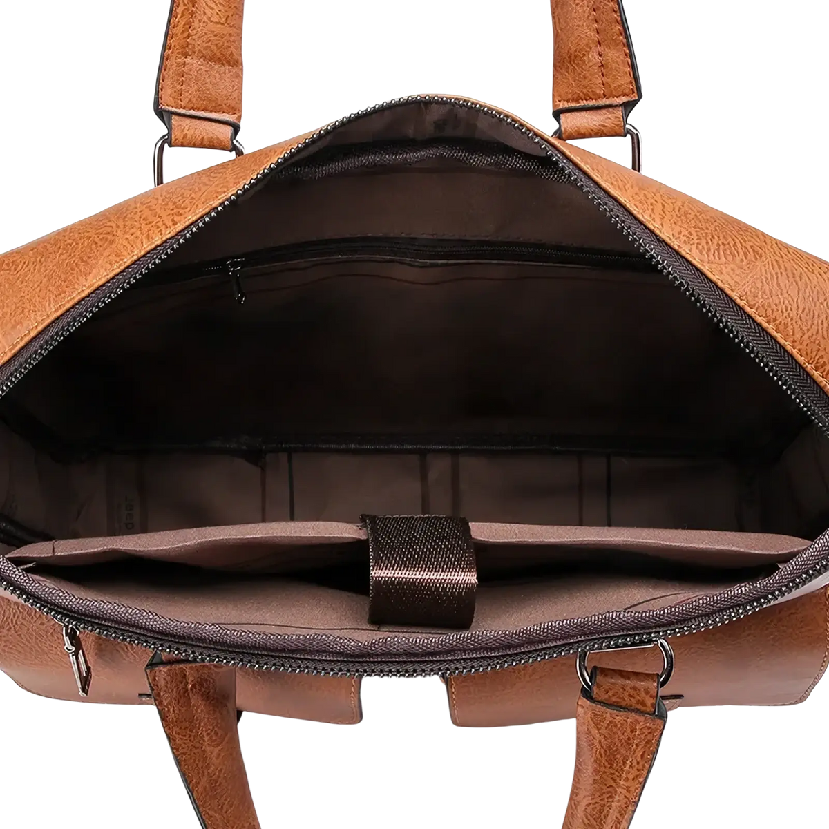 Men’s leather business laptop briefcase bag in tan leather with brown interior and zippered compartments