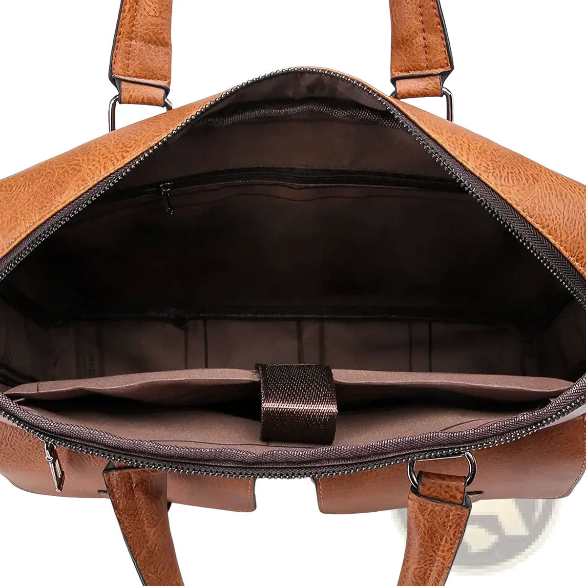 Men’s leather business laptop briefcase bag in tan leather with brown interior and zippered compartments