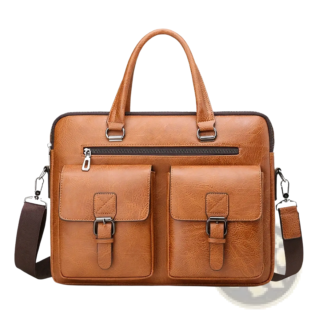 Men’s tan leather business laptop briefcase with two front flap pockets and detachable shoulder strap