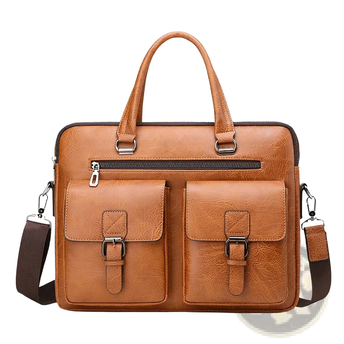 Men’s tan leather business laptop briefcase with two front flap pockets and detachable shoulder strap