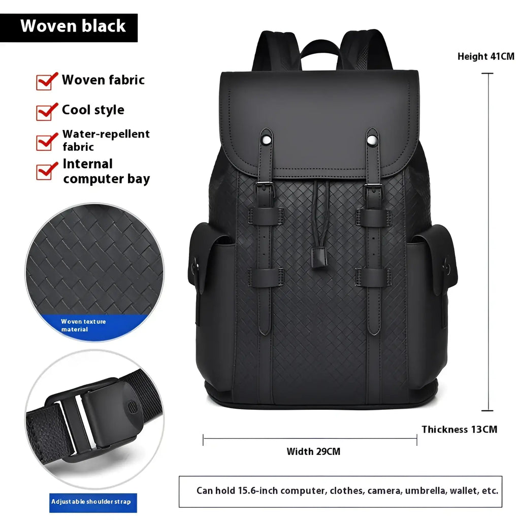 Black woven men’s leather business travel backpack with adjustable straps and textured water-repellent fabric