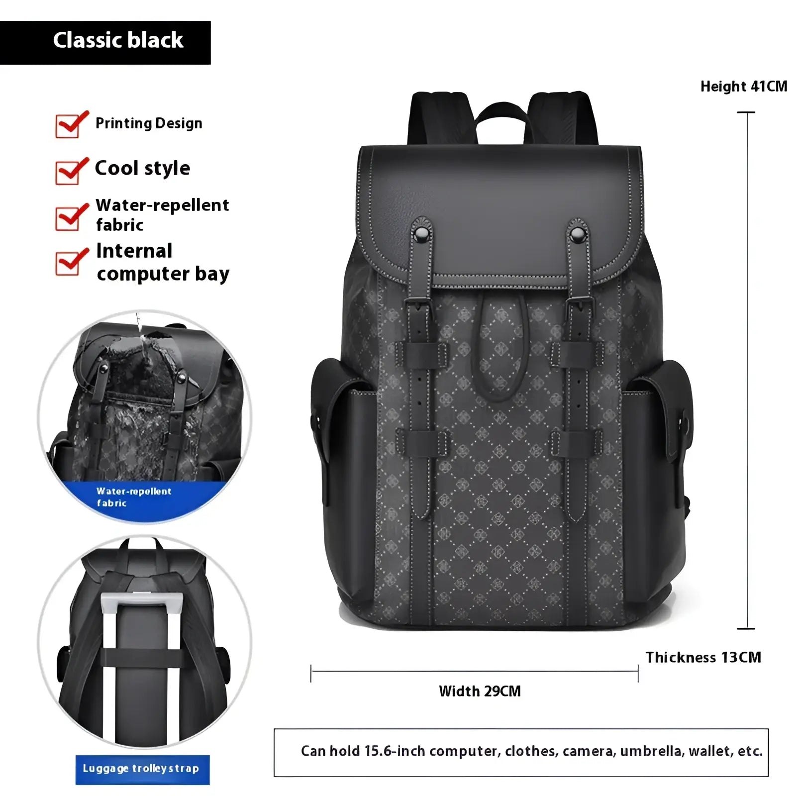 Men’s black leather business travel backpack with textured pattern, adjustable straps, and laptop sleeve compartment