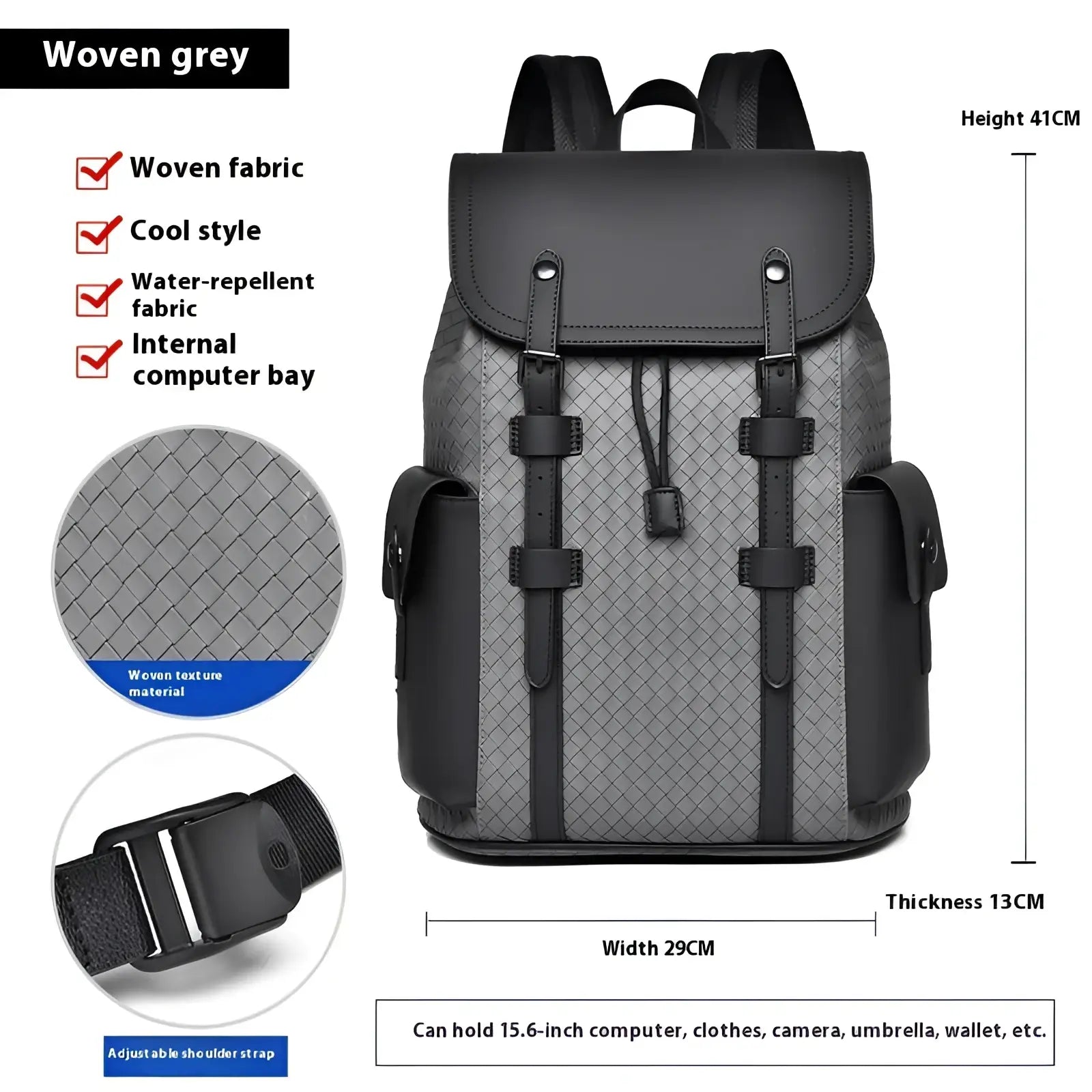 Men’s leather business travel backpack in grey woven fabric with black leather accents and laptop compartment