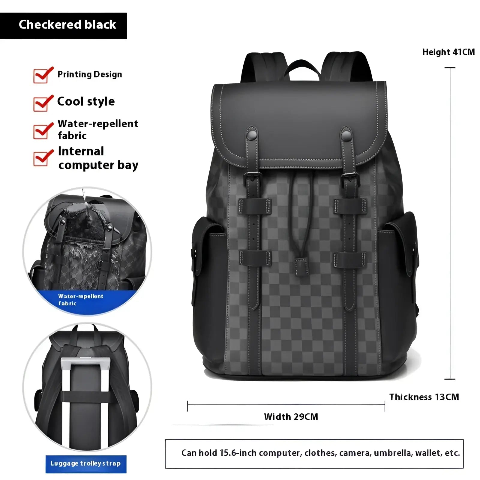 Men’s black checkered leather business travel backpack with water repellent fabric and buckle secured front flap