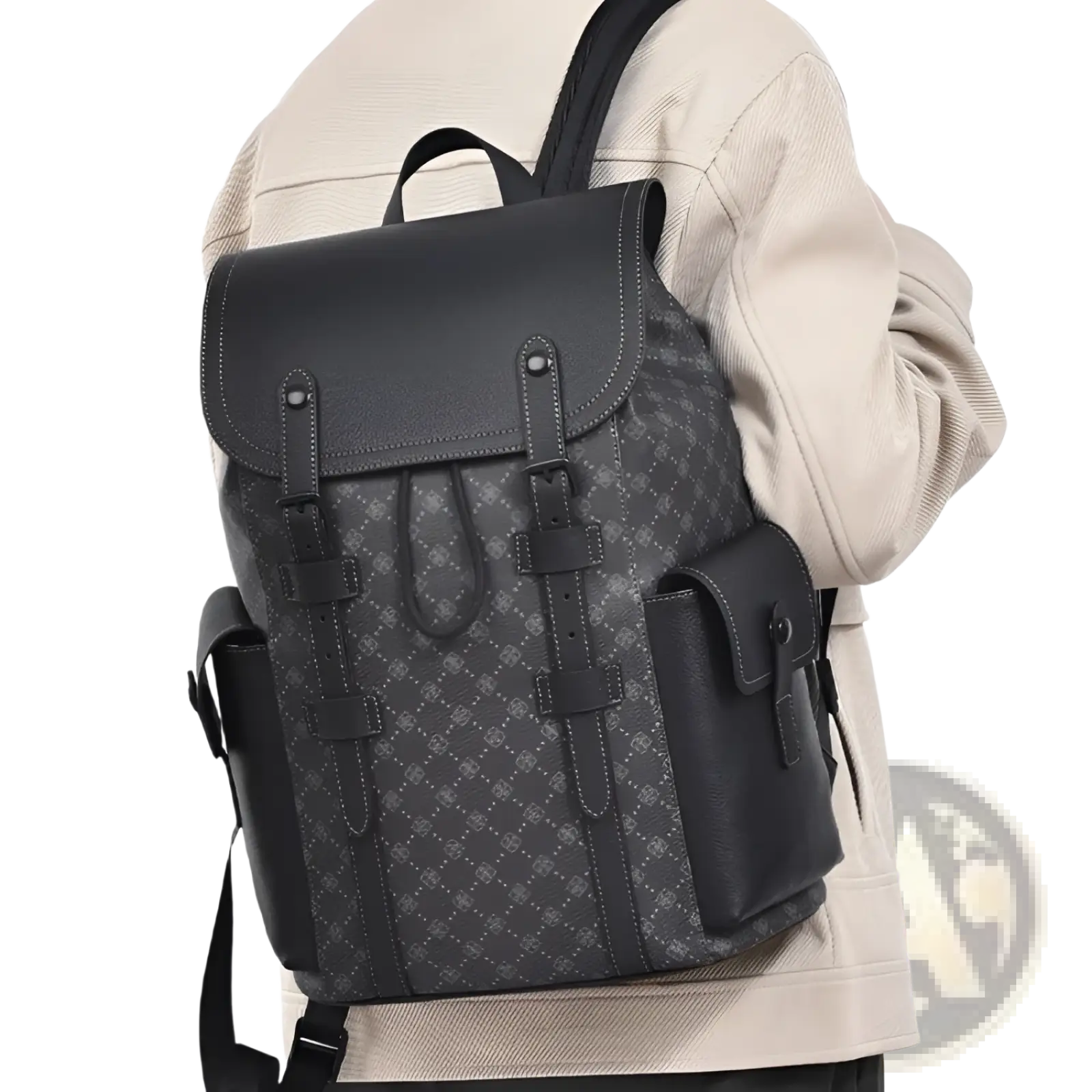 Men’s black leather business travel backpack with subtle gray diamond pattern and sturdy flap closure with laptop sleeve