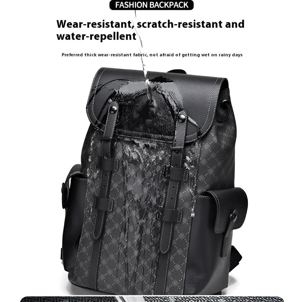 Black leather men’s business travel backpack with laptop sleeve featuring subtle pattern and sturdy straps shown from back