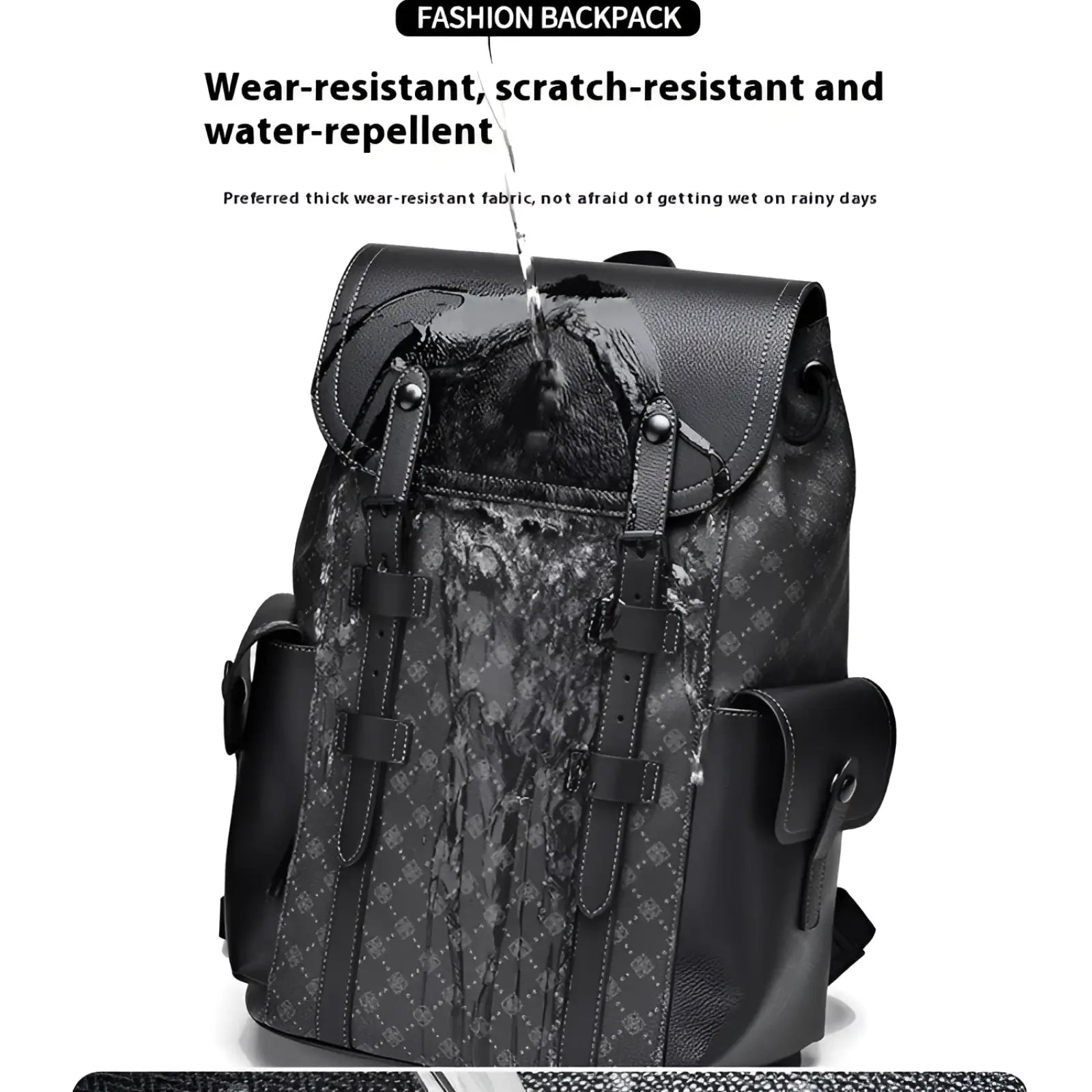 Black leather men’s business travel backpack with laptop sleeve featuring subtle pattern and sturdy straps shown from back