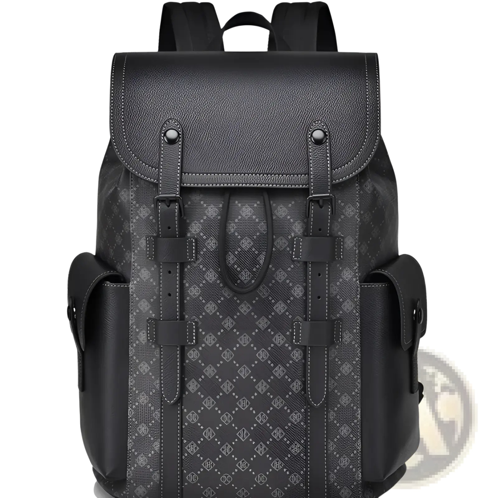 Men’s black leather business travel backpack with subtle gray diamond pattern and reinforced straps for laptop sleeve use