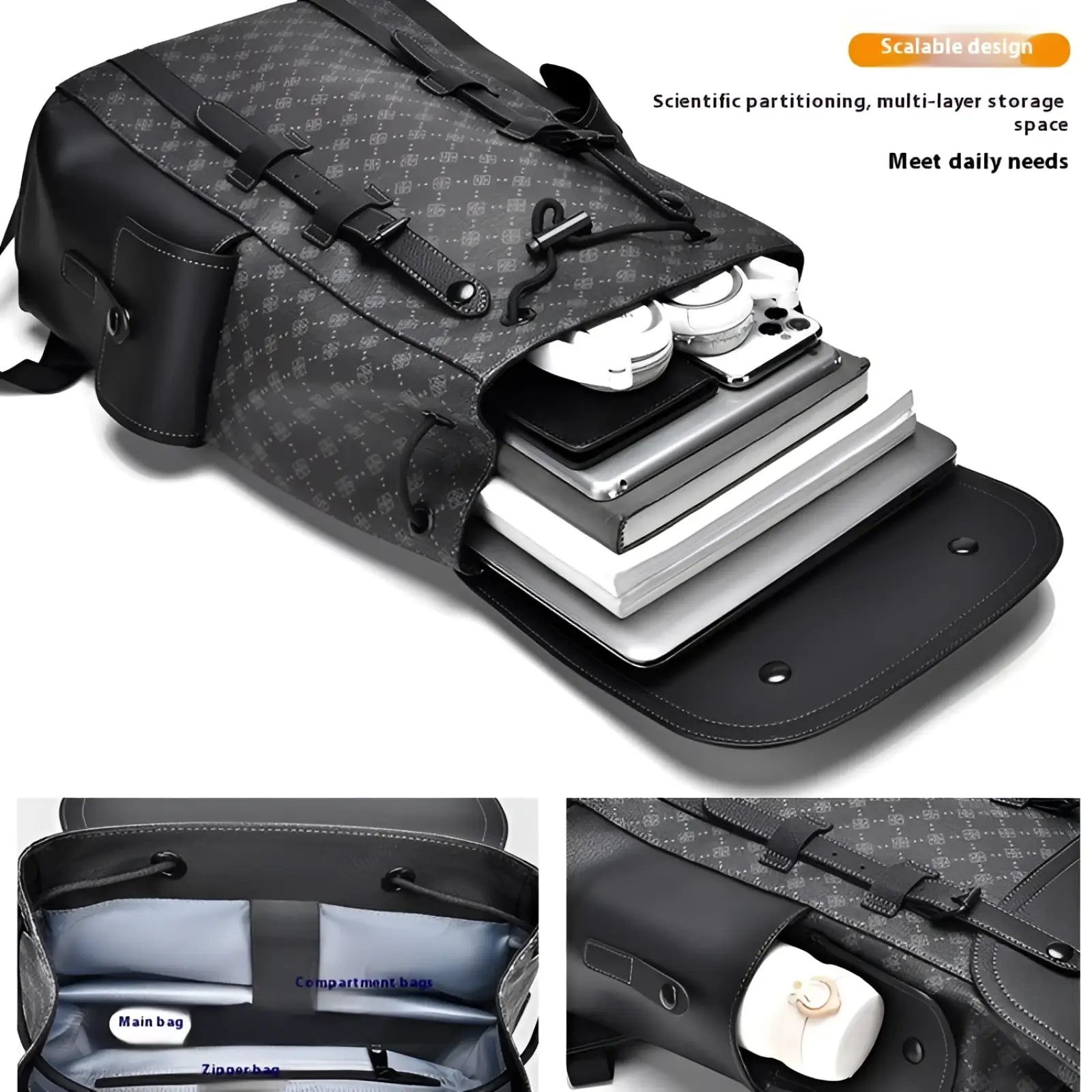 Black men’s leather business travel backpack with subtle gray pattern leather straps and laptop sleeve front view