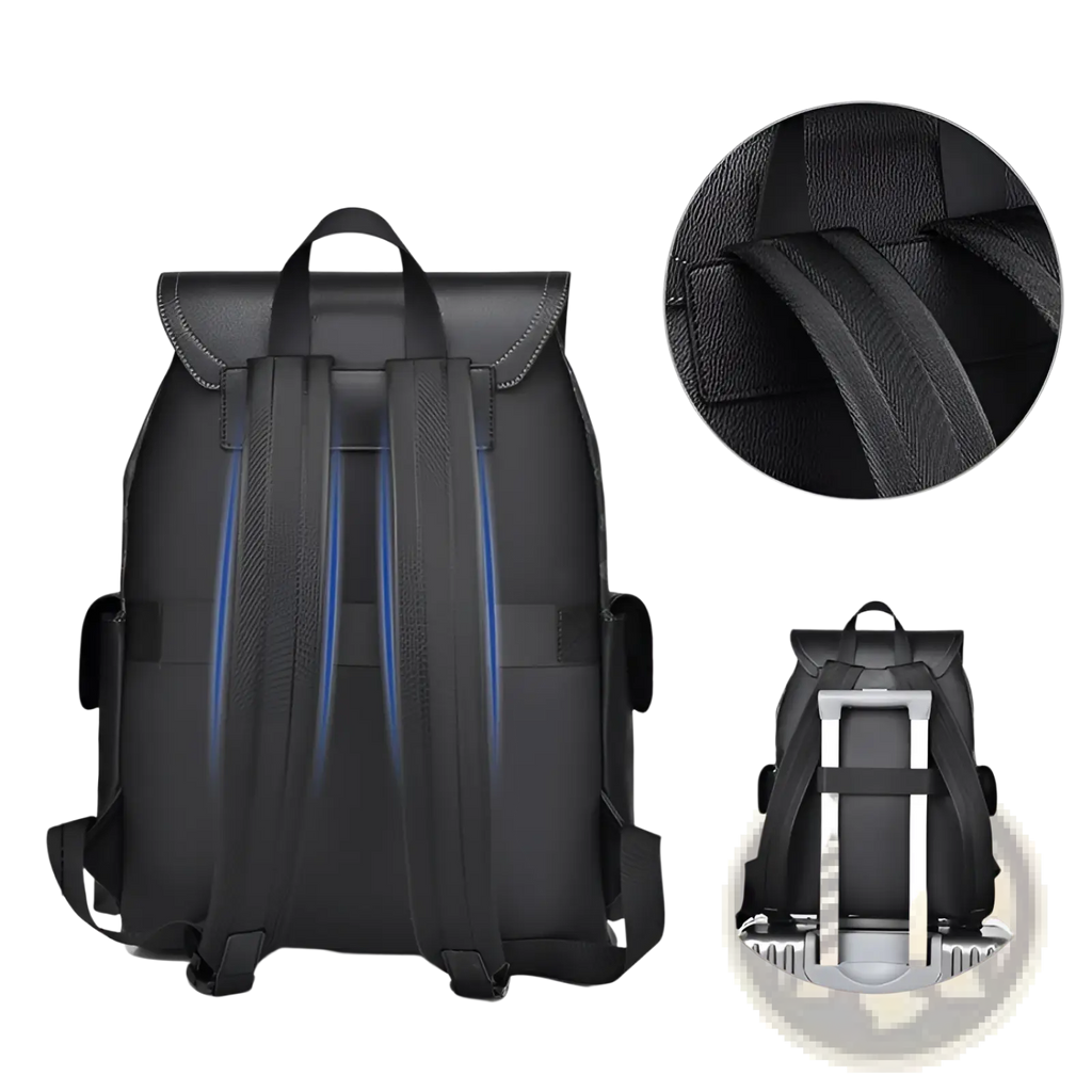 Men’s black leather business travel backpack with laptop sleeve shown from back with reinforced straps and trolley strap