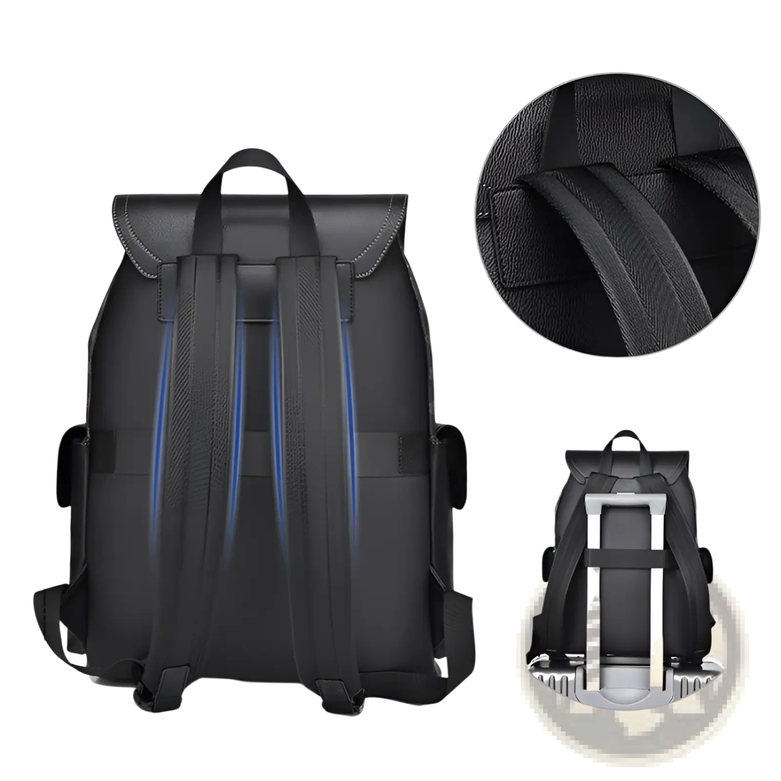 Men’s black leather business travel backpack with laptop sleeve shown from back with reinforced straps and trolley strap