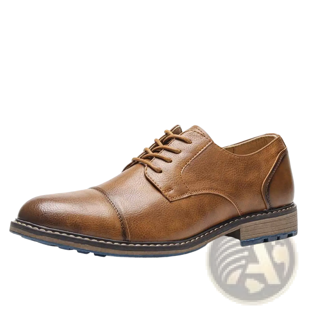 Men’s brown leather cap toe dress shoe with lace-up design and contrasting stitching for retro business casual wear
