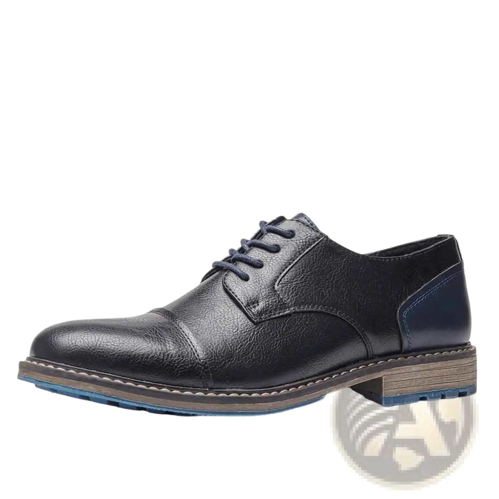 Men’s leather cap toe oxford shoe in black with navy blue accents on heel and sole for retro business casual use