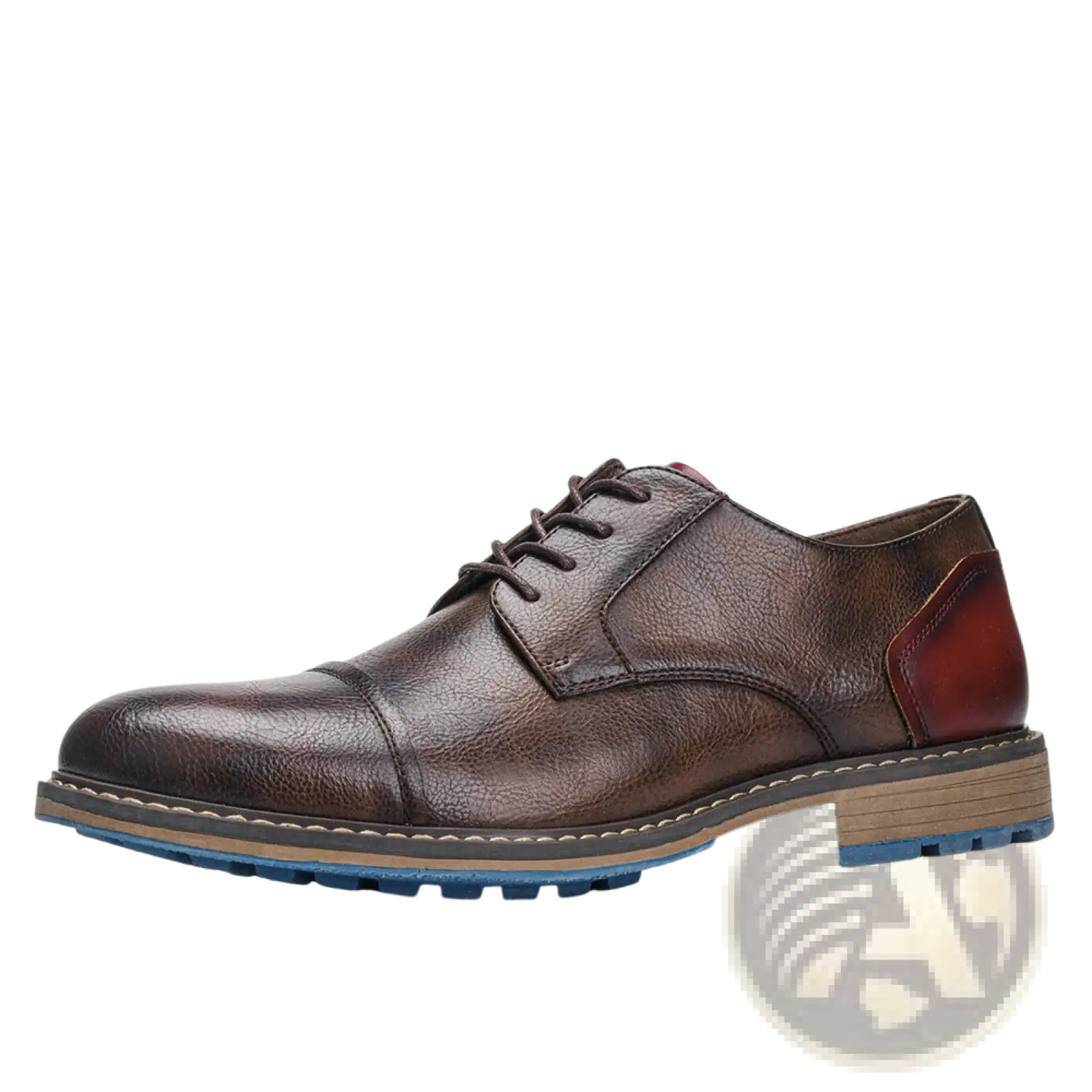 Men’s leather cap toe retro business casual shoe in brown with a reddish-brown heel panel and blue rubber sole viewed from the back