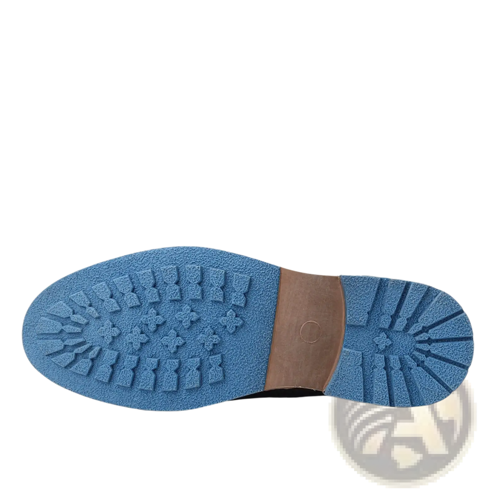 Men’s leather cap toe retro business casual shoes with a blue rubber sole and brown heel counter visible from the back